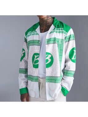 NWT Boohoo MAN Printed Oversized Baroque Long Sleeve Shirt Green/White XS